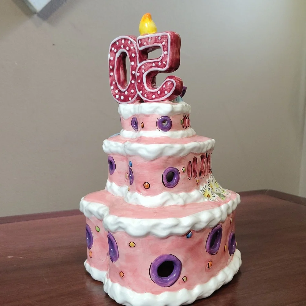Blue Sky Clayworks 50th Birthday 3 Tier Cake With Mouse Votive Cover
